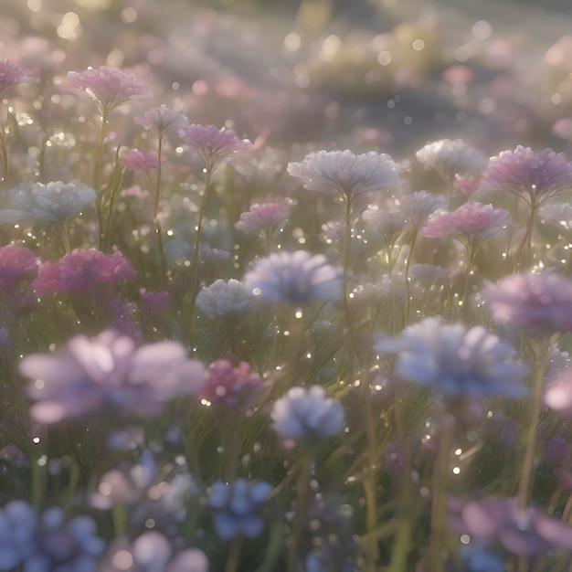 Field of pastel wildflowers with morning sunlight