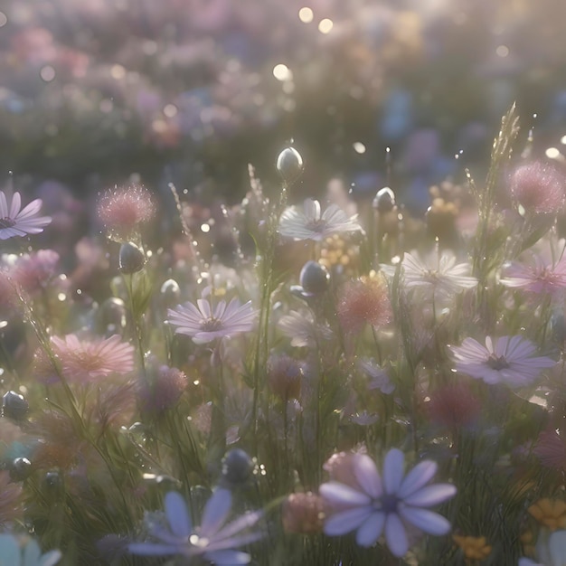 Field of pastel wildflowers with morning sunlight