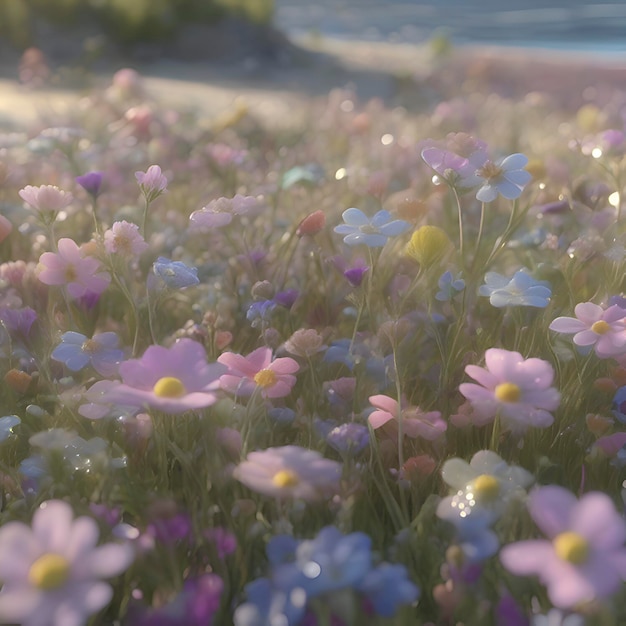 Field of pastel wildflowers with morning sunlight