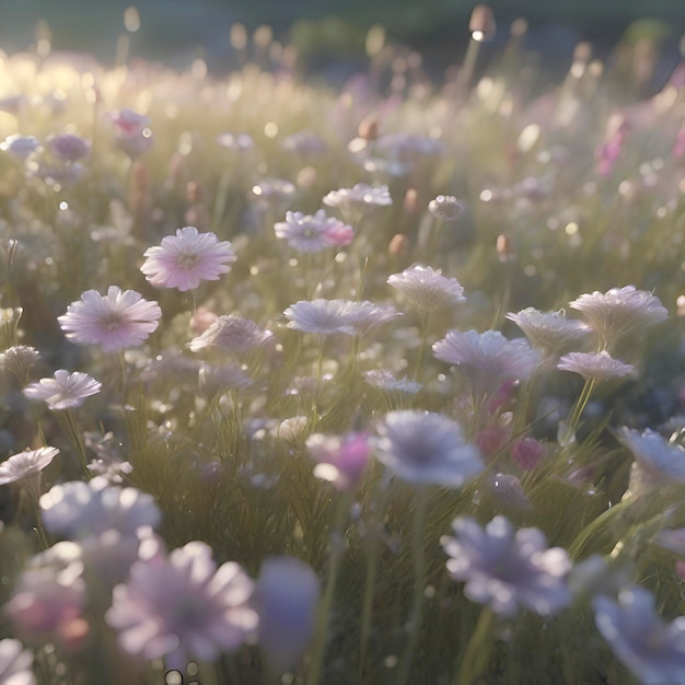 Field of pastel wildflowers with morning sunlight