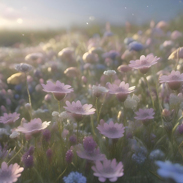 Field of pastel wildflowers with morning sunlight