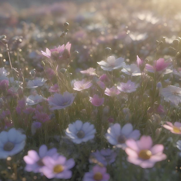 Field of pastel wildflowers with morning sunlight