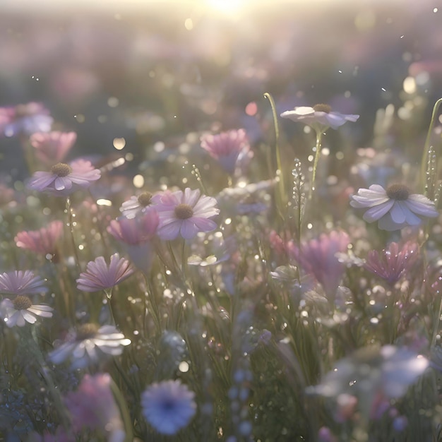 Field of pastel wildflowers with morning sunlight