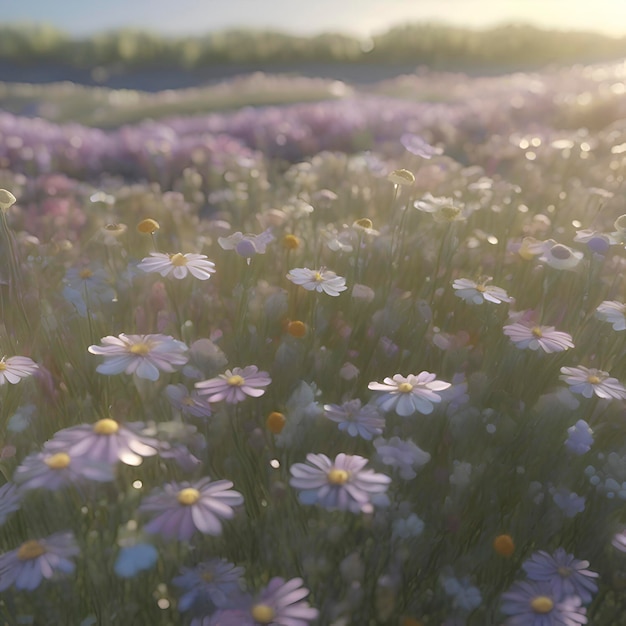 PSD field of pastel wildflowers with morning sunlight