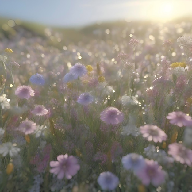 Field of pastel wildflowers with morning sunlight