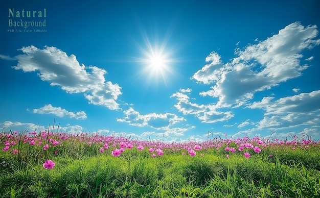 PSD a field of pink flowers with the sun shining through the clouds