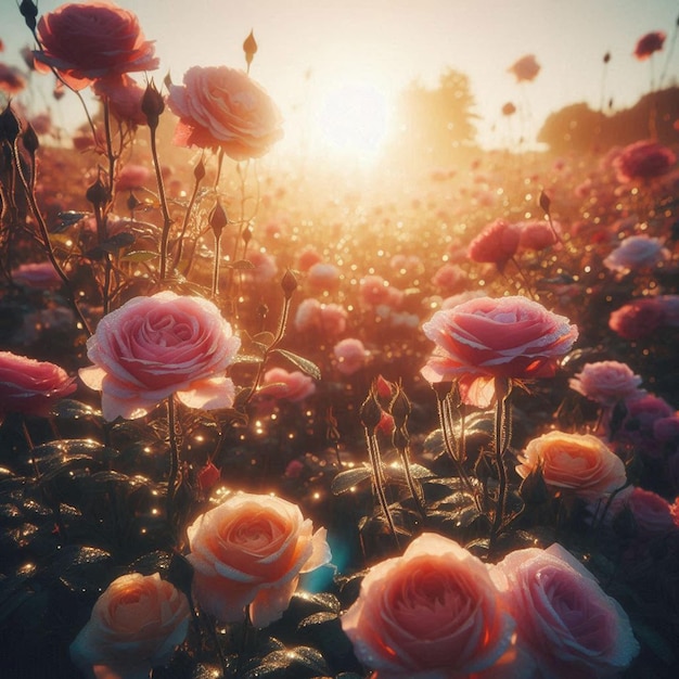 PSD a field of roses under the spring sun social media avatar template mockup