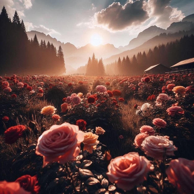 PSD a field of roses under the spring sun social media avatar template mockup