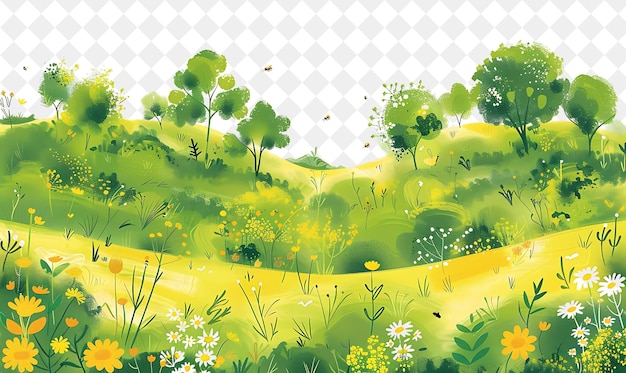 a field with a yellow flower and butterflies on it