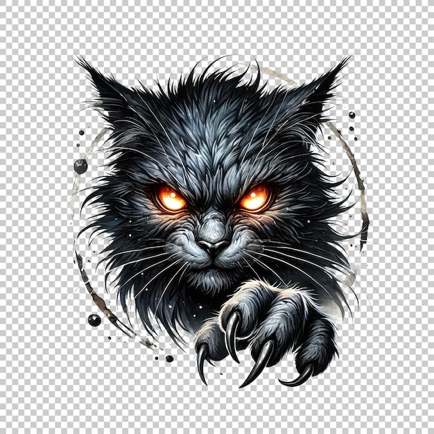 Fierce black cat with glowing eyes and claws isolated on transparent background