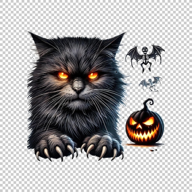 PSD fierce black cat with glowing eyes and halloween pumpkin isolated on transparent background