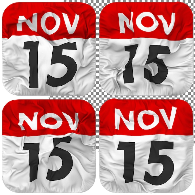 Fifteenth 15th November Date Calendar Icon Isolated Four Waving Style Bump Texture 3D Rendering