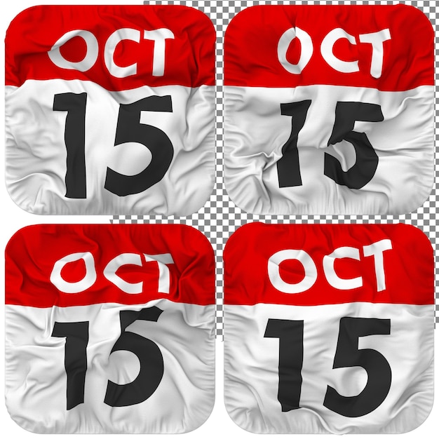 Fifteenth 15th October Date Calendar Icon Isolated Four Waving Style Bump Texture 3D Rendering