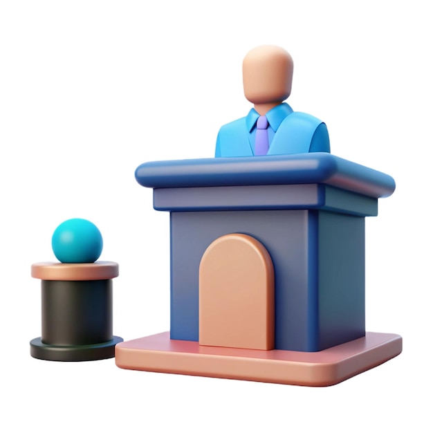 PSD a figure of a man in a blue suit stands at a podium with a globe on it