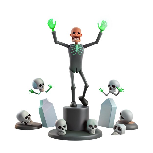 PSD a figure with a green skeleton on it and three other skulls on the top