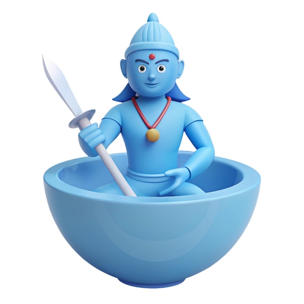 a figurine of a blue character in a bowl with a sword in it