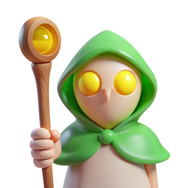 a figurine of a character wearing a green robe with yellow eyes and a green hood