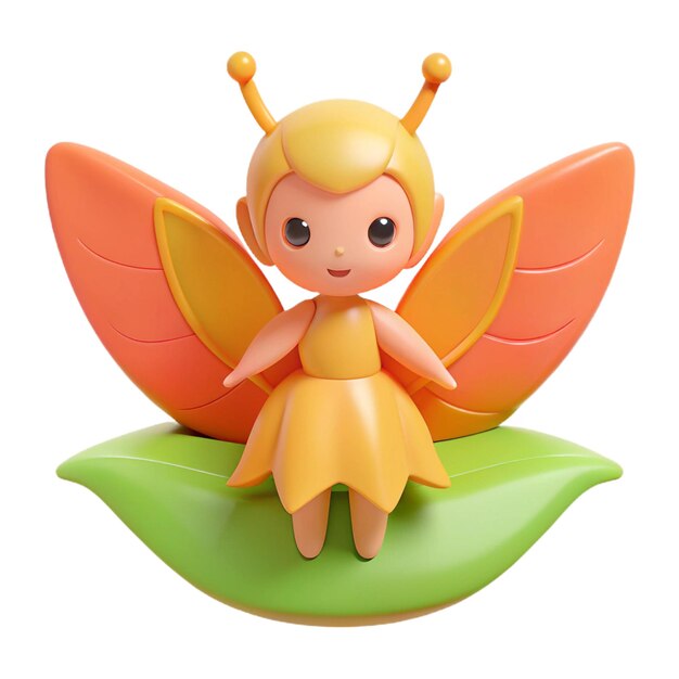 a figurine of a fairy with a yellow wings sits on a green leaf