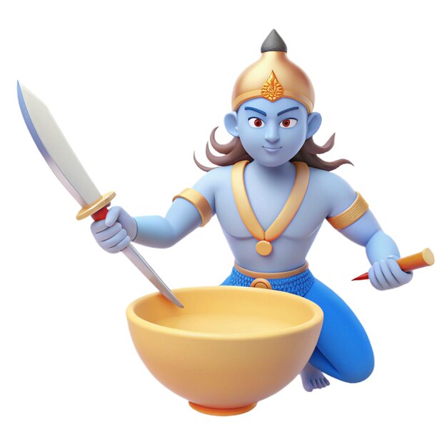 a figurine of a god with a knife and a bowl of rice