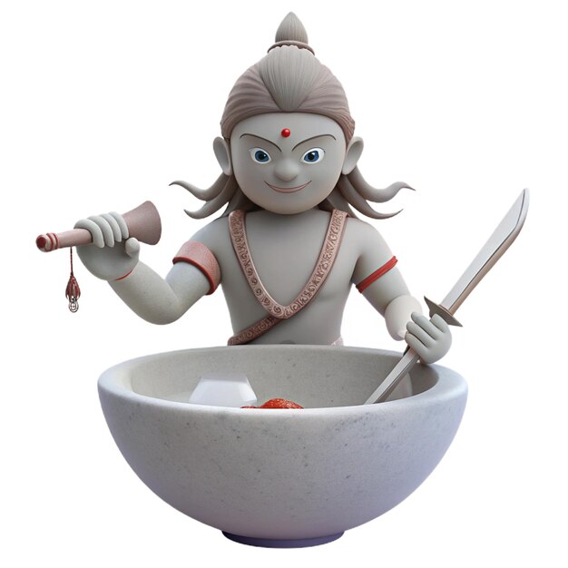 a figurine of a god with a sword in his hand is in a bowl with a bowl of food