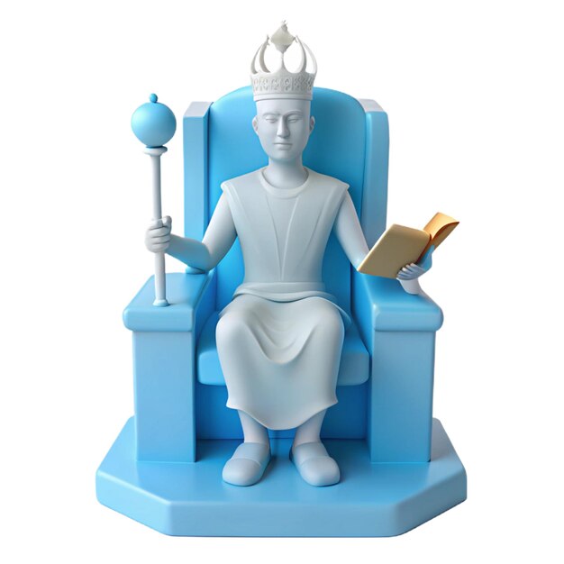 a figurine of a king sits in a blue chair