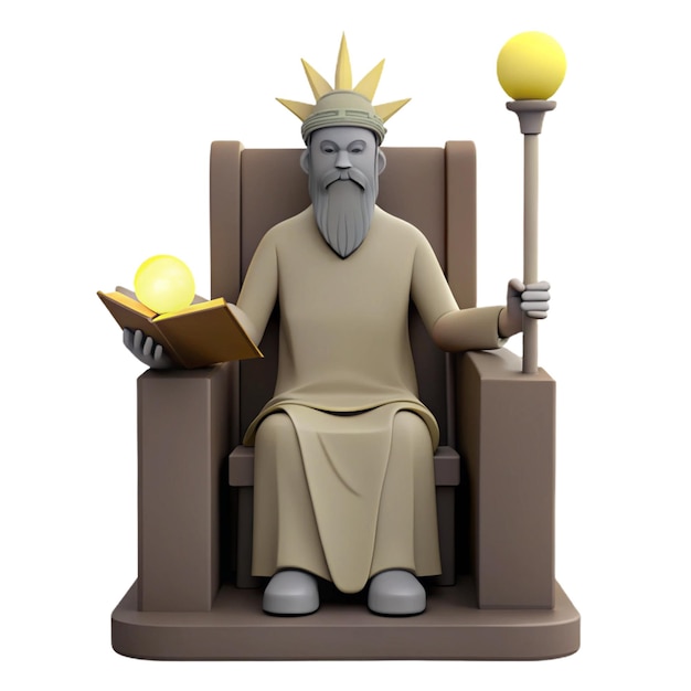 PSD a figurine of a king sits in a chair with a book and a book on it