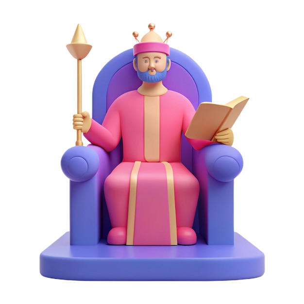 PSD a figurine of a king sits in a purple throne