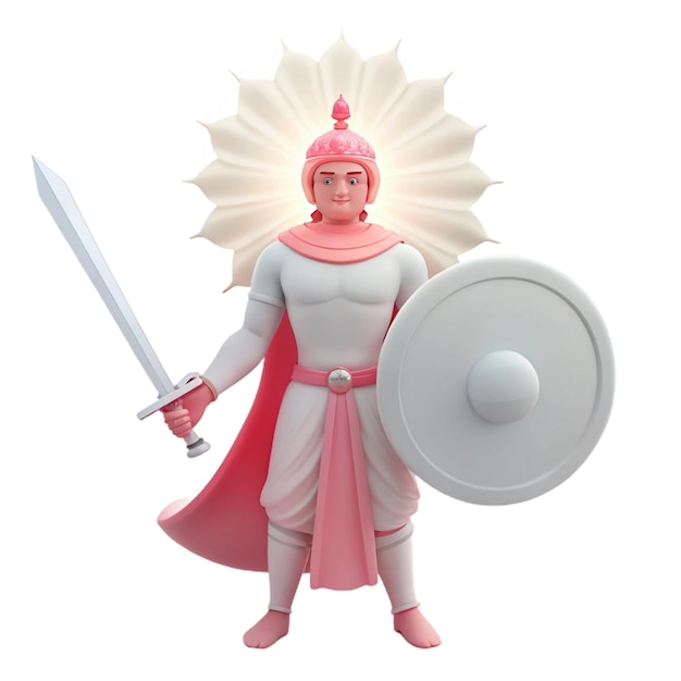 PSD a figurine of a knight holding a shield with a sun shining on it