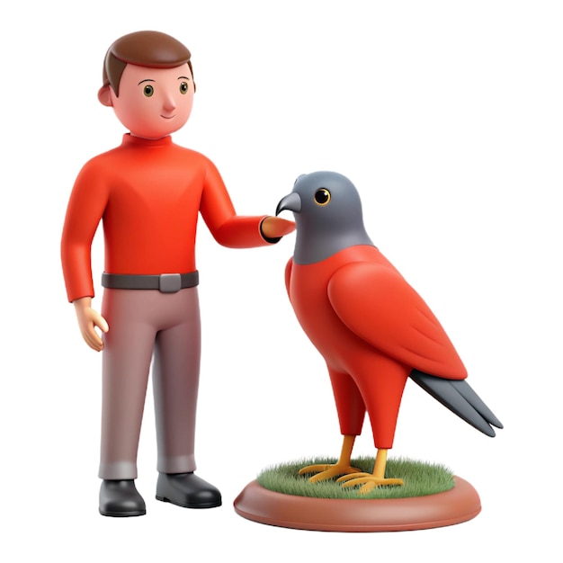 PSD a figurine of a man and a bird with a red sweater on