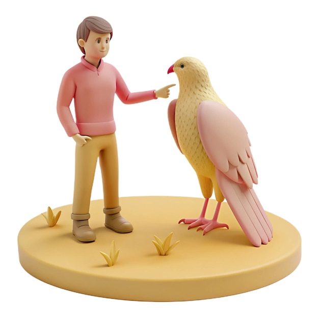 a figurine of a man feeding a bird with a yellow bird on the table