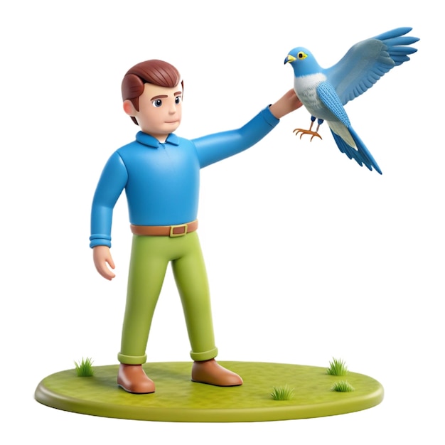 a figurine of a man holding a bird with a blue bird on his arm