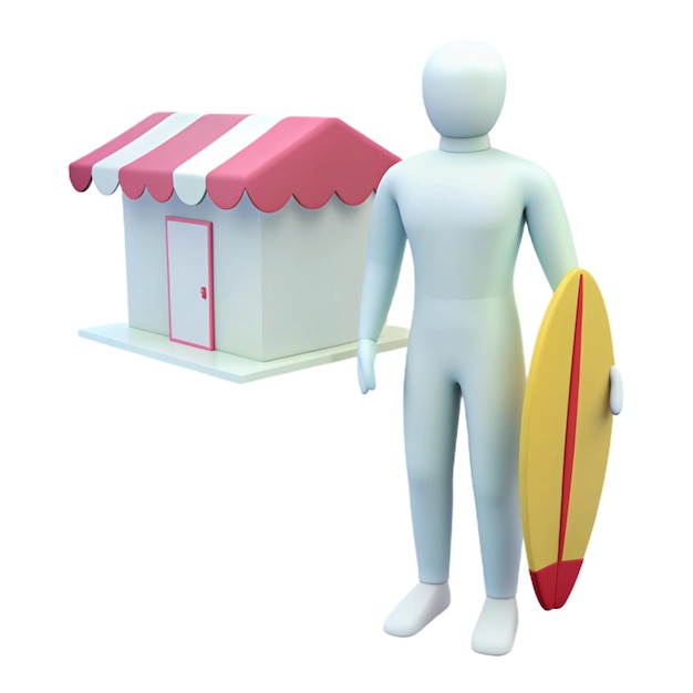 a figurine of a man holding a surfboard next to a small house