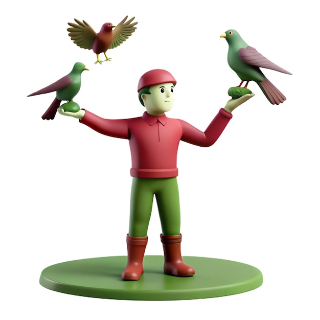 a figurine of a man holding three birds