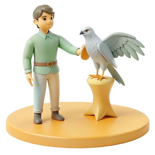 a figurine of a man and a pigeon on a table