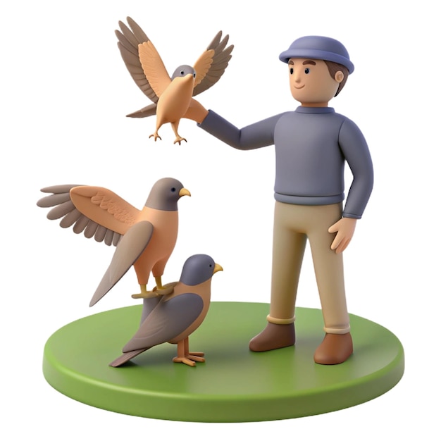 PSD a figurine of a man with a blue hat and two birds