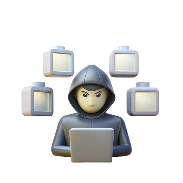 PSD a figurine of a man with a hood on and a hoodie with many other cubes around it