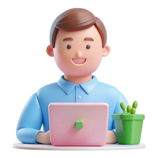 PSD a figurine of a man with a laptop and a potted cactus