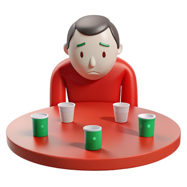 PSD a figurine of a man with a red shirt on sits at a table with cups and cups