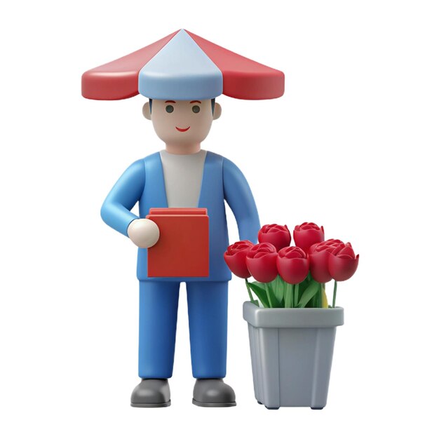 a figurine of a man with an umbrella and flowers