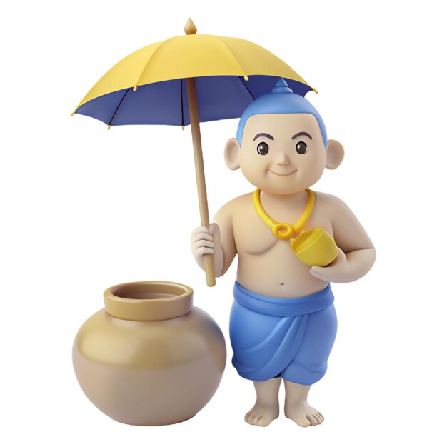 a figurine of a man with an umbrella and a pot with a yellow umbrella