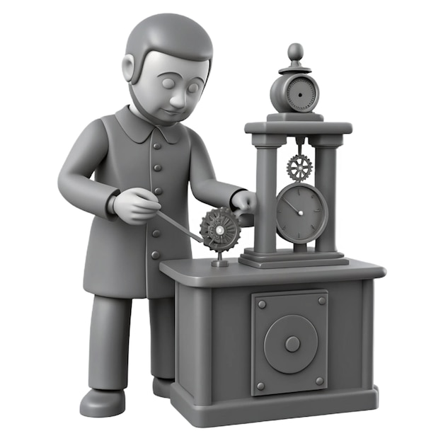 PSD a figurine of a man working on a clock made by a steam engine