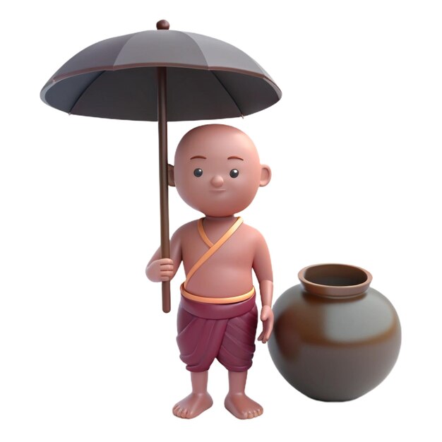 a figurine of a monk holding an umbrella and a pot with a pot and a pot