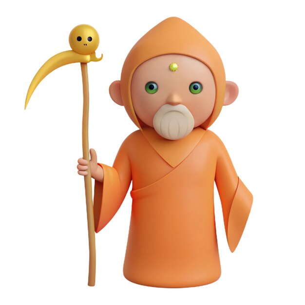 a figurine of an orange monk holding a stick with a yellow smiley face