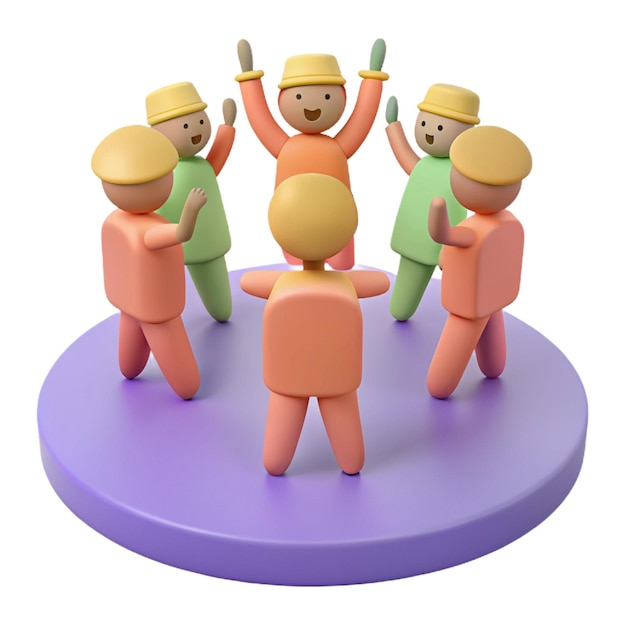 a figurine of people standing on a round platform with one wearing a yellow hat