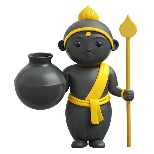 a figurine of a warrior holding a black pot and a yellow bow