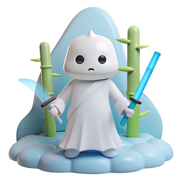 PSD a figurine of a white alien with a blue handle and a blue sword