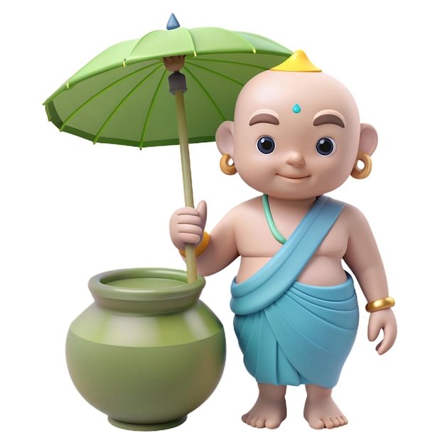 a figurine with an umbrella and a green pot