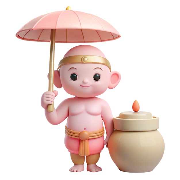 a figurine with an umbrella and a pot with a candle in it