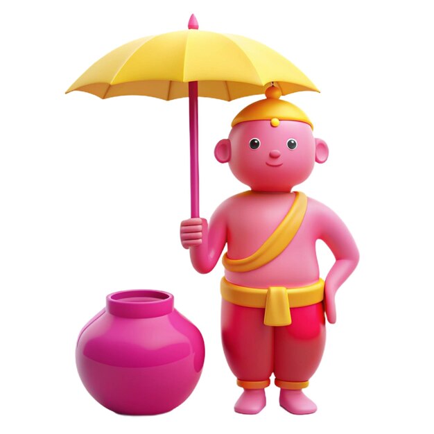 a figurine with a yellow umbrella and a pink pot with a pink handle