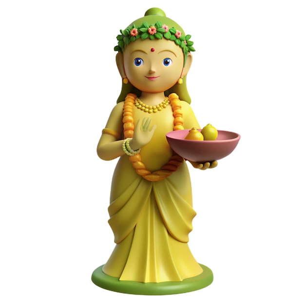 a figurine of a woman holding a bowl of fruit